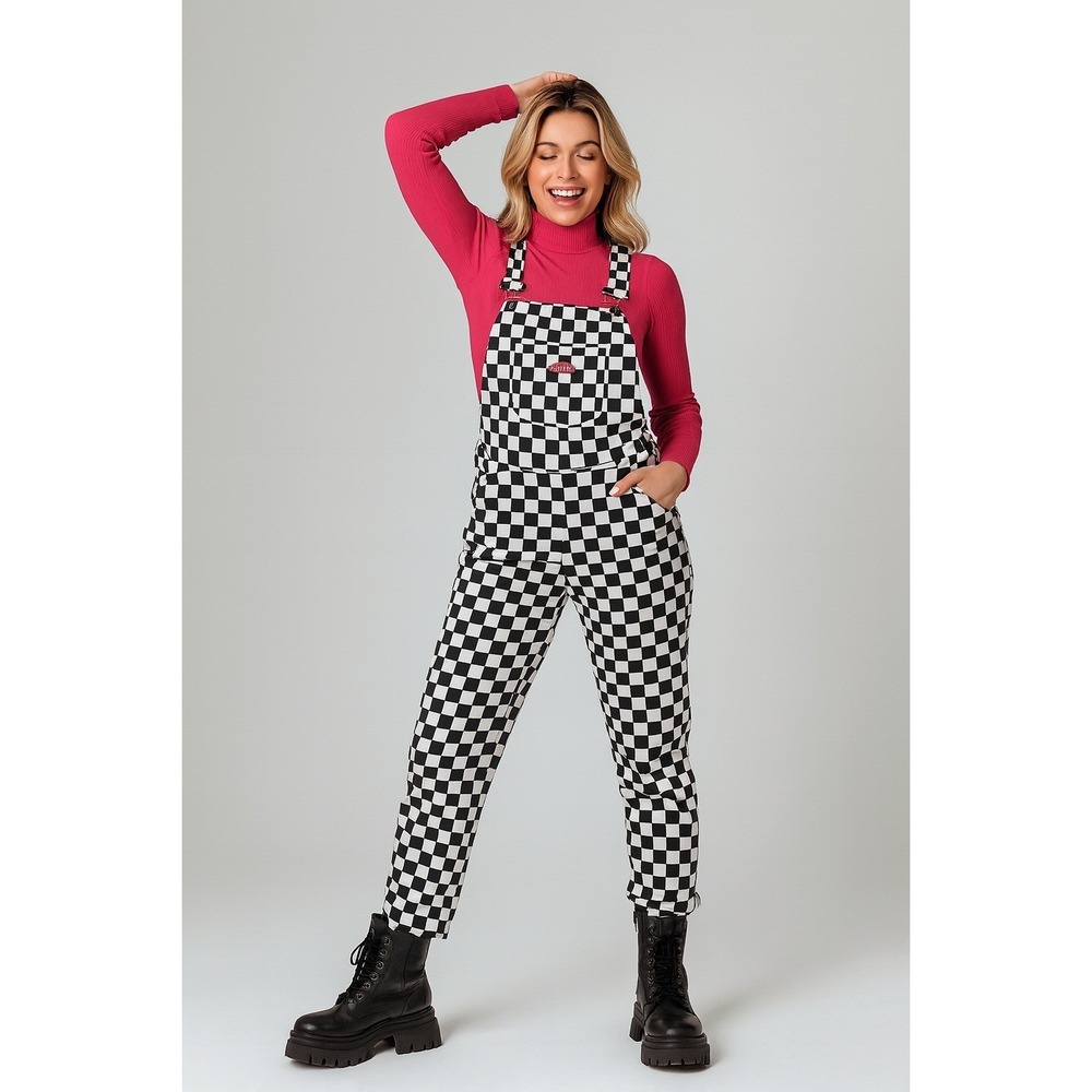 GEZOUR Checkerboard Overalls Women S Black‎ White Plaid Jumpsuit Modern Punk 28"